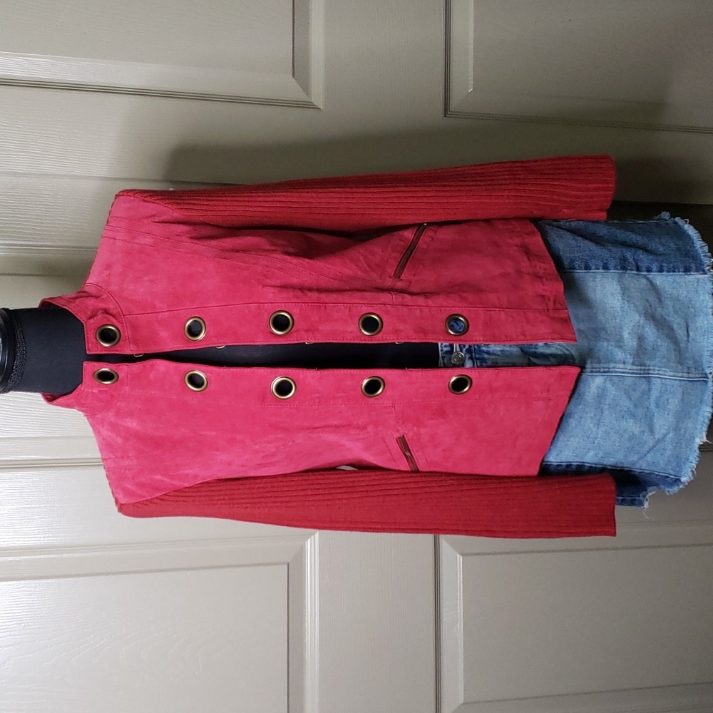 LAL Live a little red leather sweater knit long sleeve jacket size petite